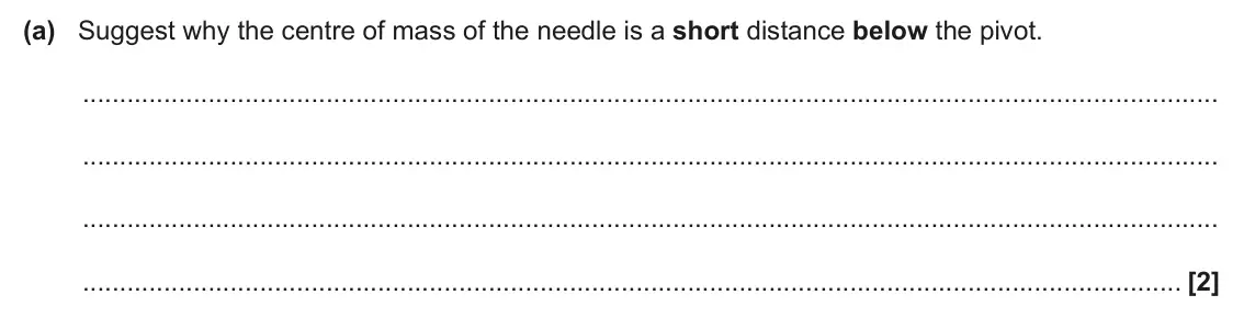June 2025 Paper 3, question 4(a): Suggest why the centre of mass of the needle is a short distance below the pivot. [2]