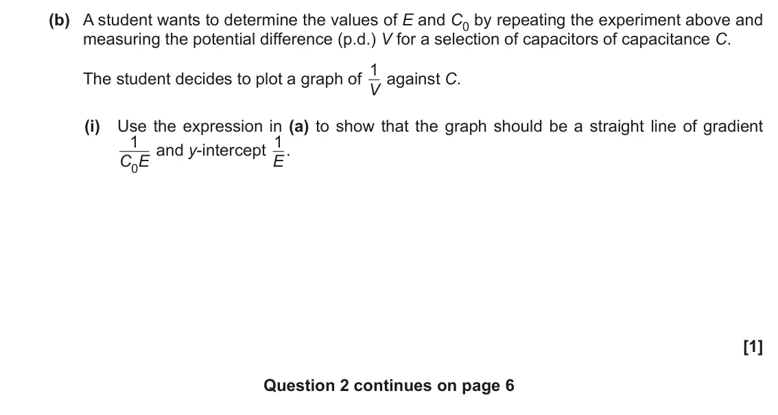 November 2020 Paper 3, question 2(b)(i): Use the expression in (a) to show that the graph should be a straight line of gradient C0E and y-intercept 1 1 E . [1] Question 2 continues on page 6