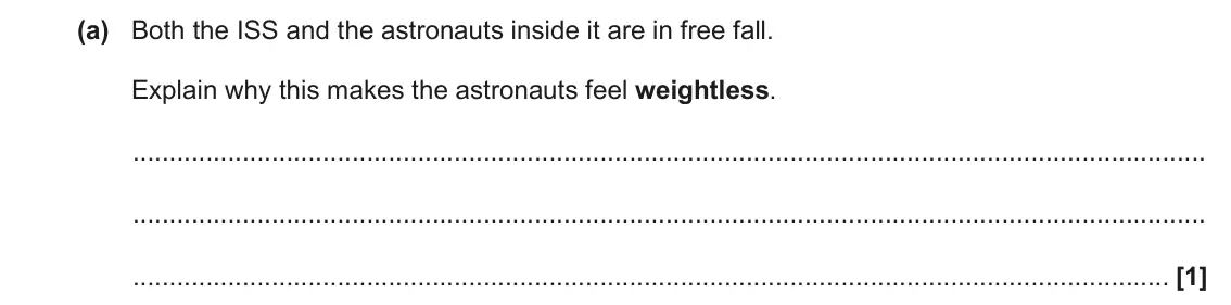 November 2020 Paper 3, question 4(a): Both the ISS and the astronauts inside it are in free fall. Explain why this makes the astronauts feel weightless. [1]