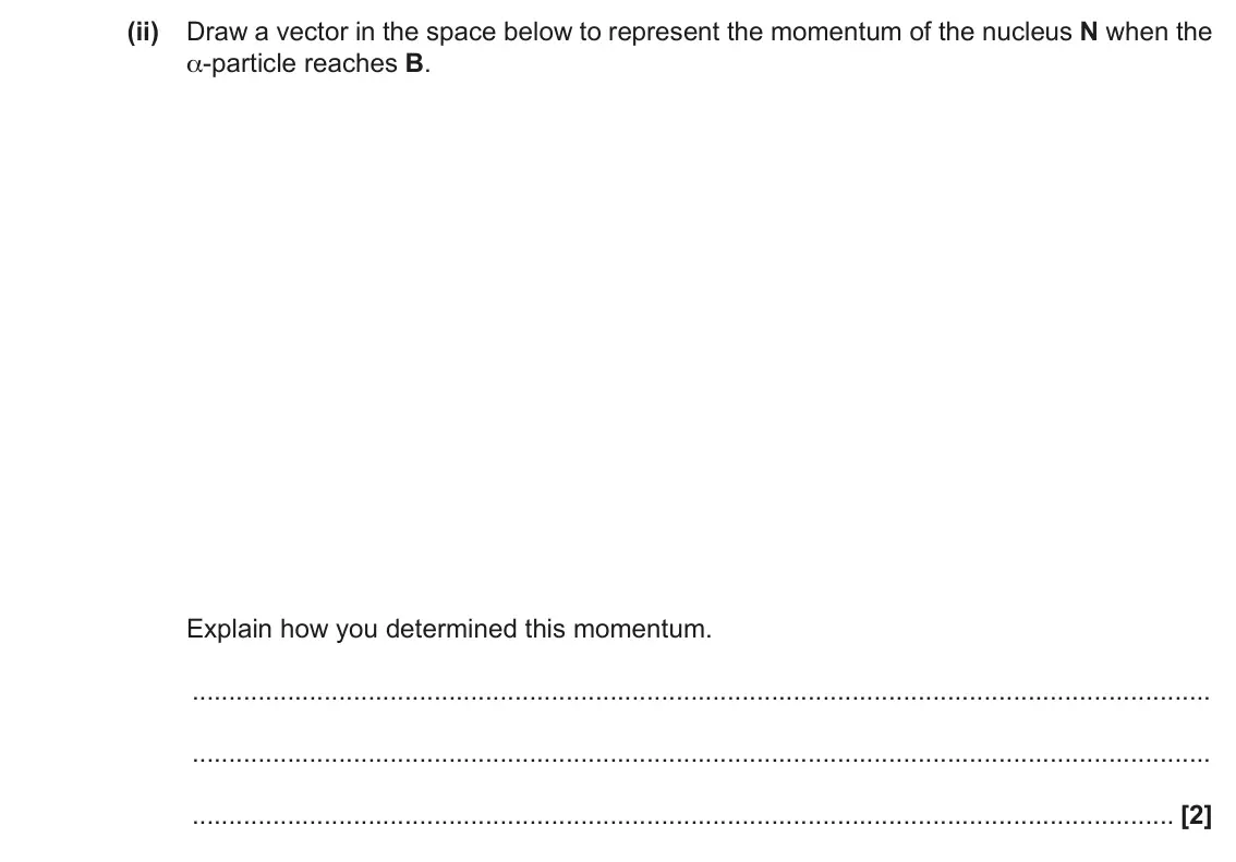 November 2020 Paper 3, question 6(d)(ii): Draw a vector in the space below to represent the momentum of the nucleus N when the α-particle reaches B. Explain how you determined this momentum. [2]