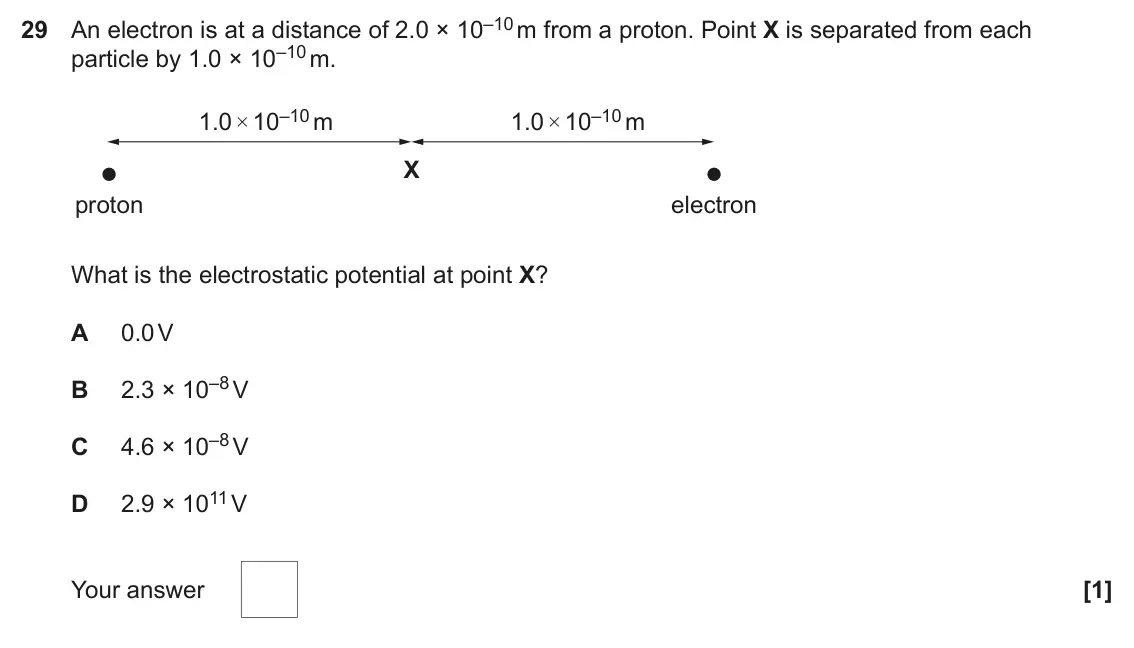 June 2023 Paper 1, question 29: An electron is at a distance of 2.0 × 10–10 m from a proton. Point X is separated from each particle by 1.0 × 10–10 m. 1.0 × 10–10 m 1.0 × 10–10 m X proton elec