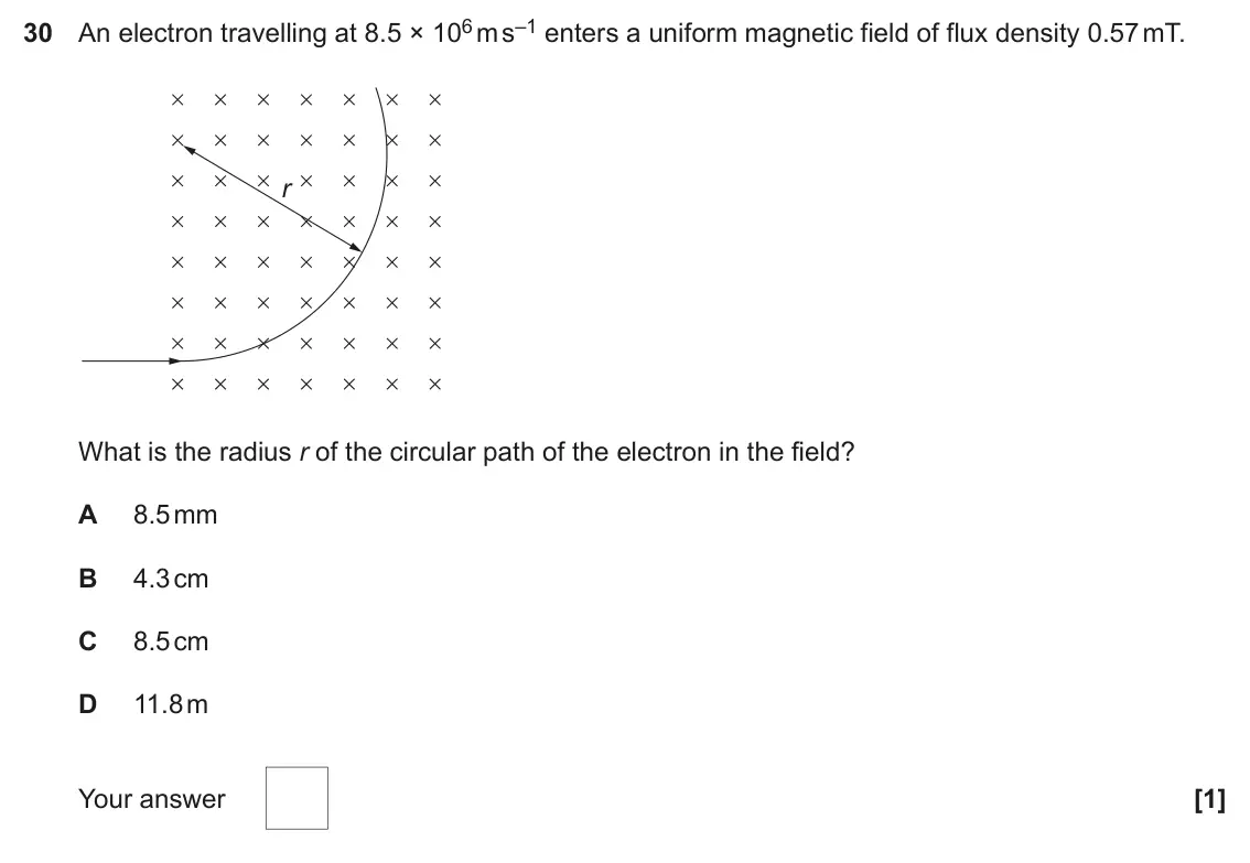 June 2023 Paper 1, question 30: An electron travelling at 8.5 × 106 m s–1 enters a uniform magnetic field of flux density 0.57 mT. r What is the radius r of the circular path of the electron i
