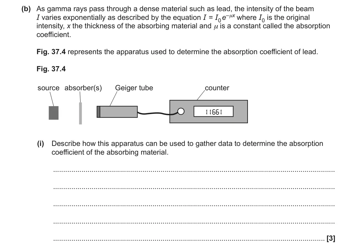 June 2023 Paper 1, question 37(b)(i): Describe how this apparatus can be used to gather data to determine the absorption coefficient of the absorbing material. [3]