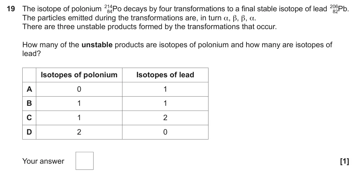 June 2024 Paper 1, question 19: The isotope of polonium 214 84Po decays by four transformations to a final stable isotope of lead 206 82Pb. The particles emitted during the transformations are