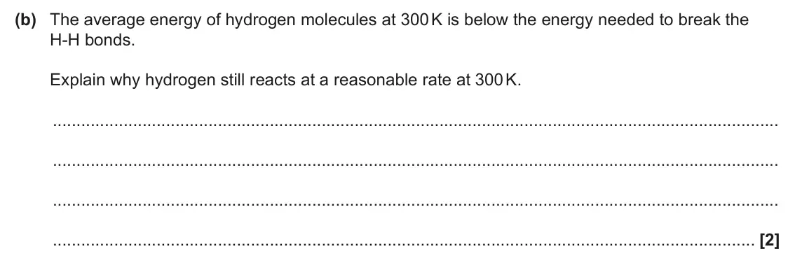 June 2024 Paper 1, question 35(b): The average energy of hydrogen molecules at 300 K is below the energy needed to break the H-H bonds. Explain why hydrogen still reacts at a reasonable rate at 3