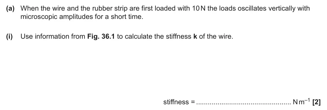 June 2024 Paper 1, question 36(a)(i): Use information from Fig. 36.1 to calculate the stiffness k of the wire. stiffness = N m–1 [2]