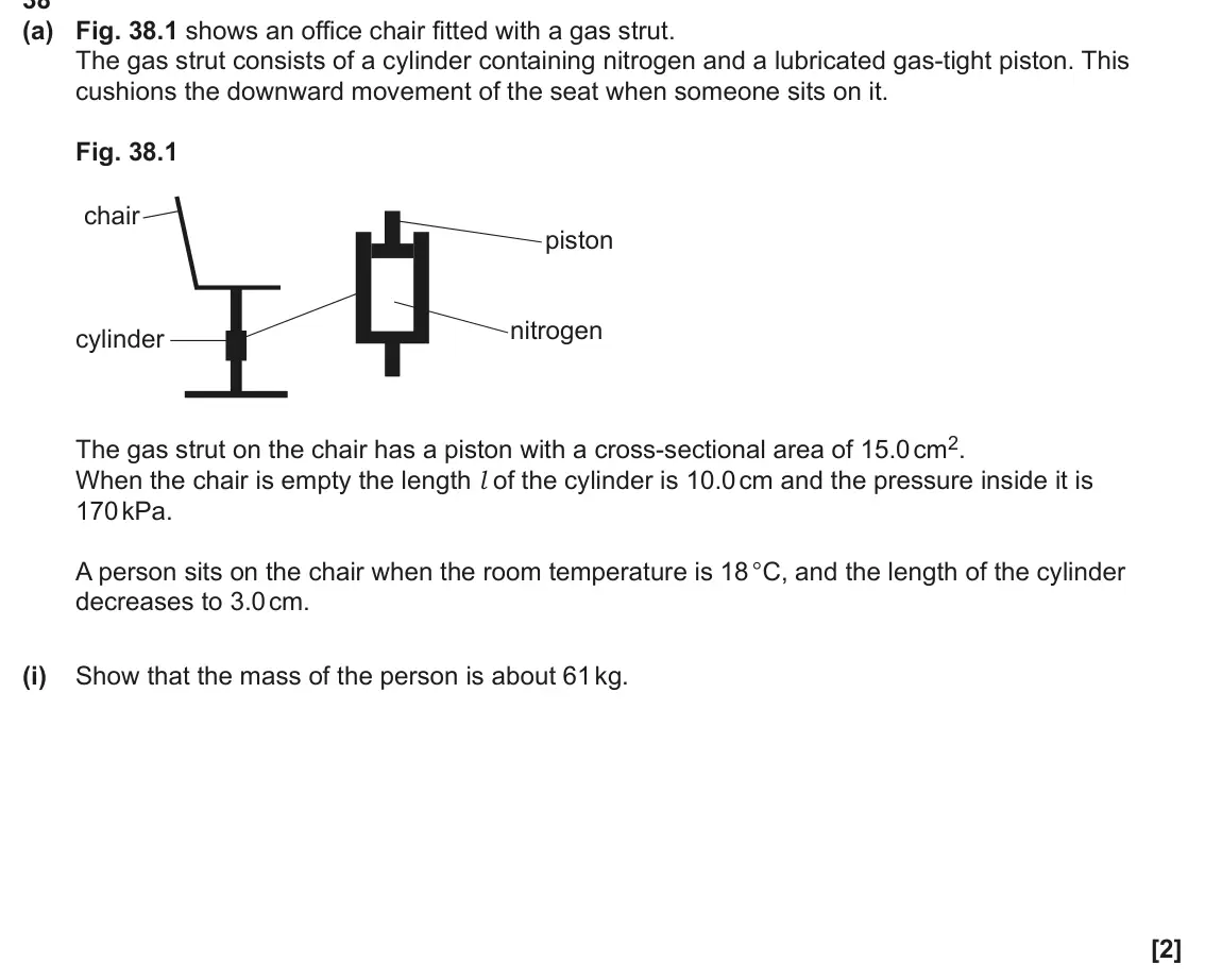 June 2024 Paper 1, question 38(a)(i): Show that the mass of the person is about 61 kg. [2]
