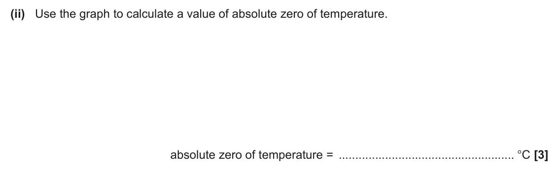 June 2024 Paper 1, question 38(b)(ii): Use the graph to calculate a value of absolute zero of temperature. absolute zero of temperature = °C [3]