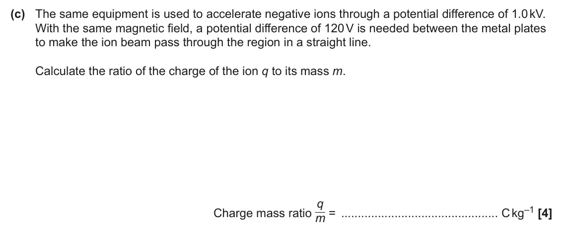 June 2024 Paper 1, question 40(c): The same equipment is used to accelerate negative ions through a potential difference of 1.0 kV. With the same magnetic field, a potential difference of 120 V i