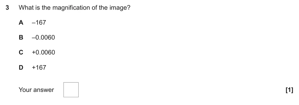 June 2025 Paper 1, question 3: What is the magnification of the image? A –167 B –0.0060 C +0.0060 D +167 [1] Your answer