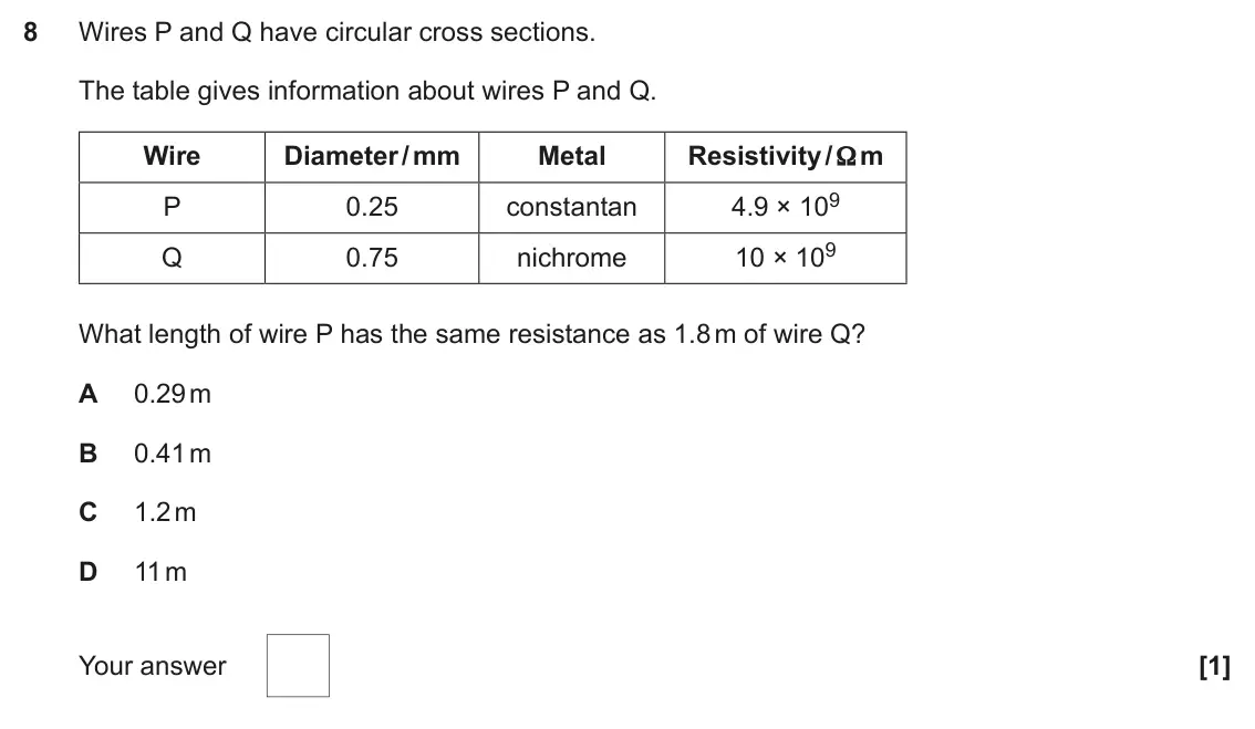 June 2025 Paper 1, question 8: Wires P and Q have circular cross sections. The table gives information about wires P and Q. Wire Diameter / mm Metal Resistivity / Ω m 4.9 × 109 P 0.25 constan