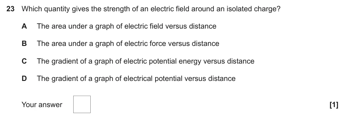 June 2025 Paper 1, question 23: Which quantity gives the strength of an electric field around an isolated charge? A The area under a graph of electric field versus distance B The area under a