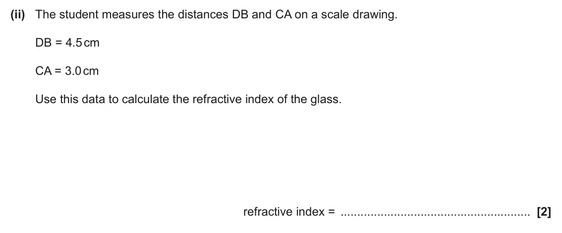 June 2025 Paper 1, question 36(a)(ii): The student measures the distances DB and CA on a scale drawing. DB = 4.5 cm CA = 3.0 cm Use this data to calculate the refractive index of the glass. refractiv