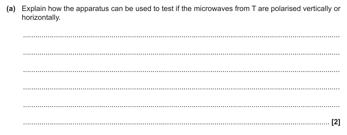June 2025 Paper 1, question 39(a): Explain how the apparatus can be used to test if the microwaves from T are polarised vertically or horizontally. [2]