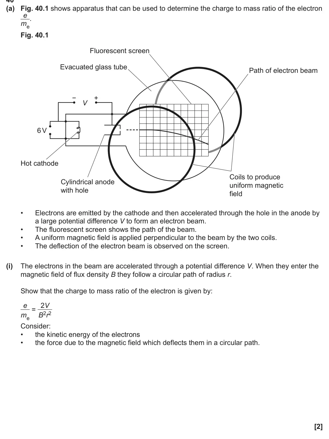 June 2025 Paper 1, question 40(a)(i): The electrons in the beam are accelerated through a potential difference V. When they enter the magnetic field of flux density B they follow a circular path of
