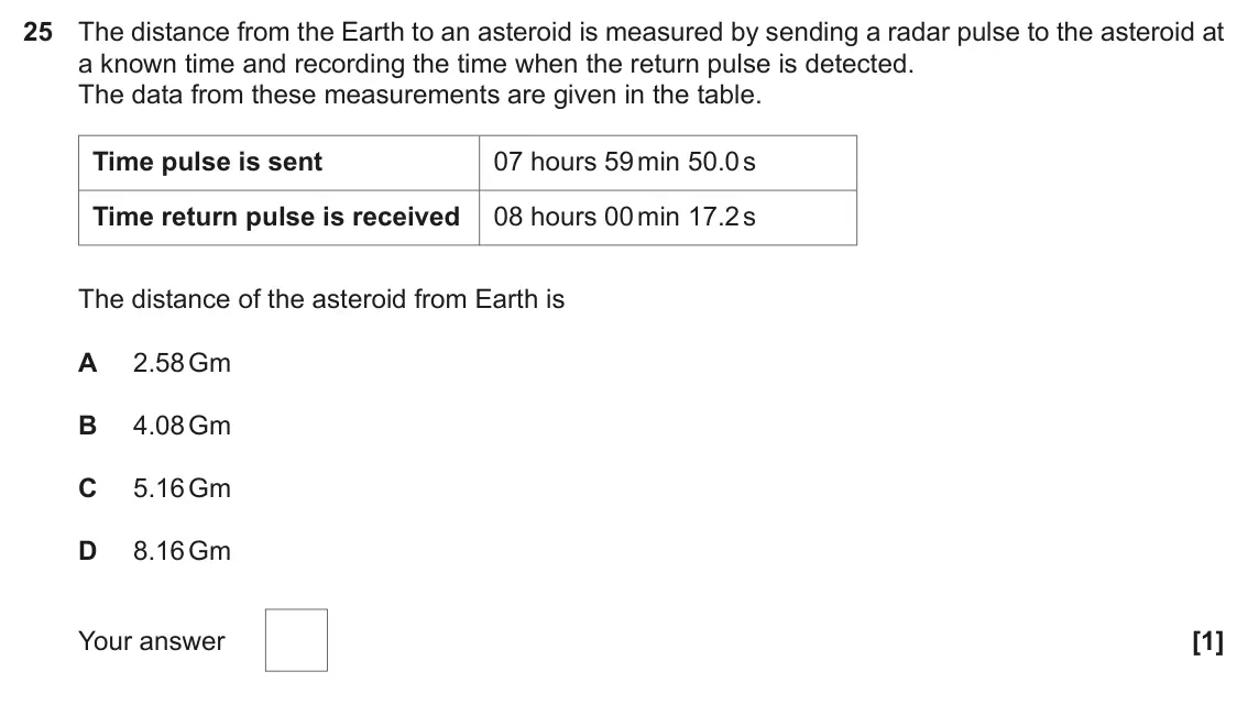 November 2021 Paper 1, question 25: The distance from the Earth to an asteroid is measured by sending a radar pulse to the asteroid at a known time and recording the time when the return pulse is