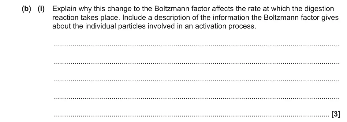 June 2023 Paper 2, question 1(b)(i): Explain why this change to the Boltzmann factor affects the rate at which the digestion reaction takes place. Include a description of the information the Boltz