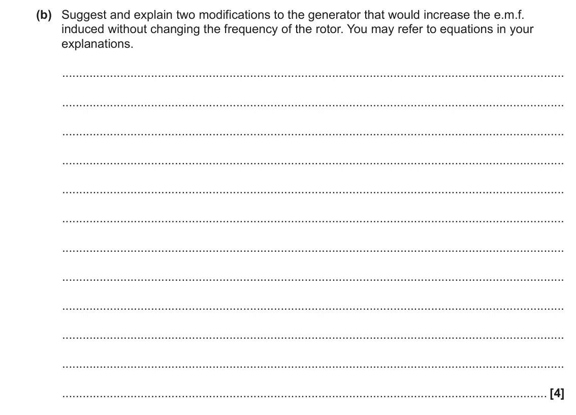 June 2023 Paper 2, question 7(b): Suggest and explain two modifications to the generator that would increase the e.m.f. induced without changing the frequency of the rotor. You may refer to equa