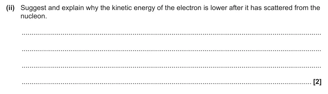 June 2024 Paper 2, question 5(d)(ii): Suggest and explain why the kinetic energy of the electron is lower after it has scattered from the nucleon. [2]