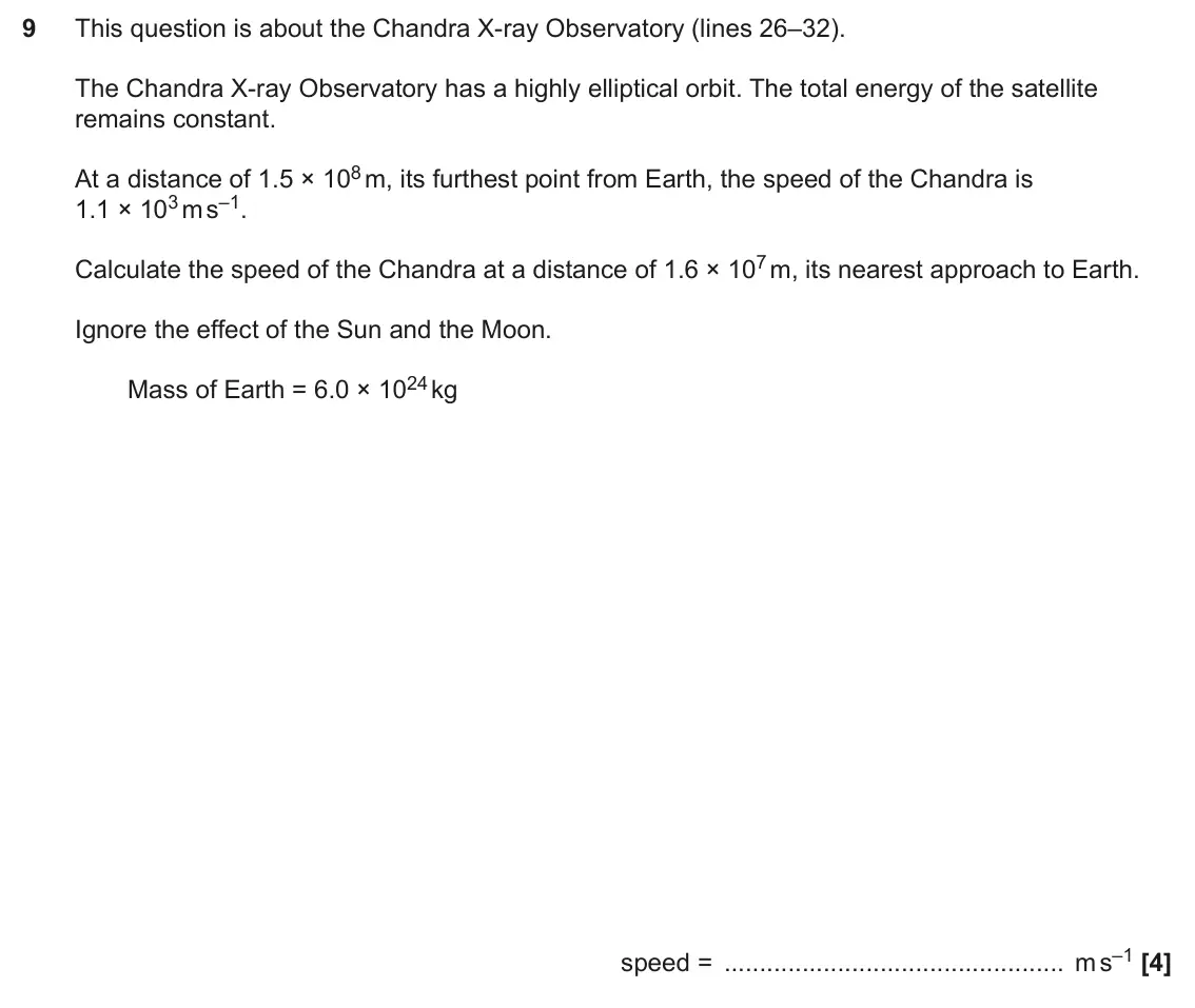 June 2024 Paper 2, question 9: This question is about the Chandra X-ray Observatory (lines 26–32). The Chandra X-ray Observatory has a highly elliptical orbit. The total energy of the satelli