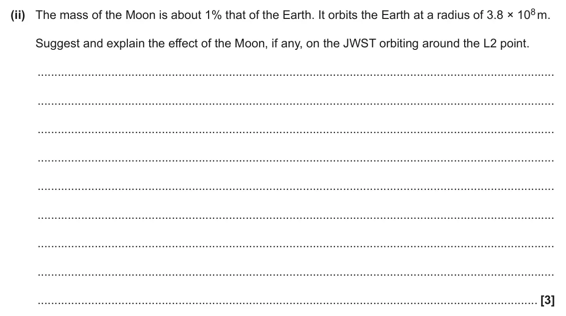 June 2024 Paper 2, question 10(b)(ii): The mass of the Moon is about 1% that of the Earth. It orbits the Earth at a radius of 3.8 × 108 m. Suggest and explain the effect of the Moon, if any, on the J