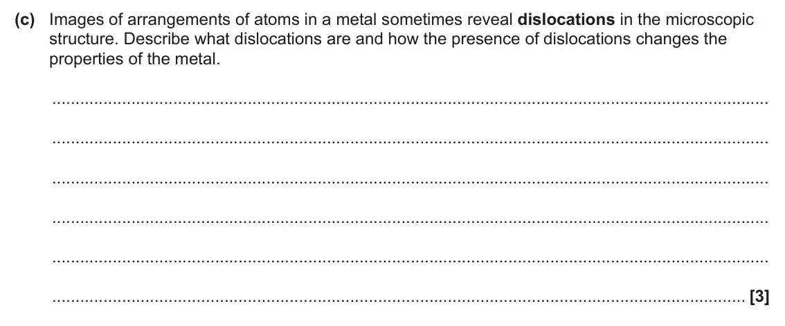 June 2025 Paper 2, question 1(c): Images of arrangements of atoms in a metal sometimes reveal dislocations in the microscopic structure. Describe what dislocations are and how the presence of di