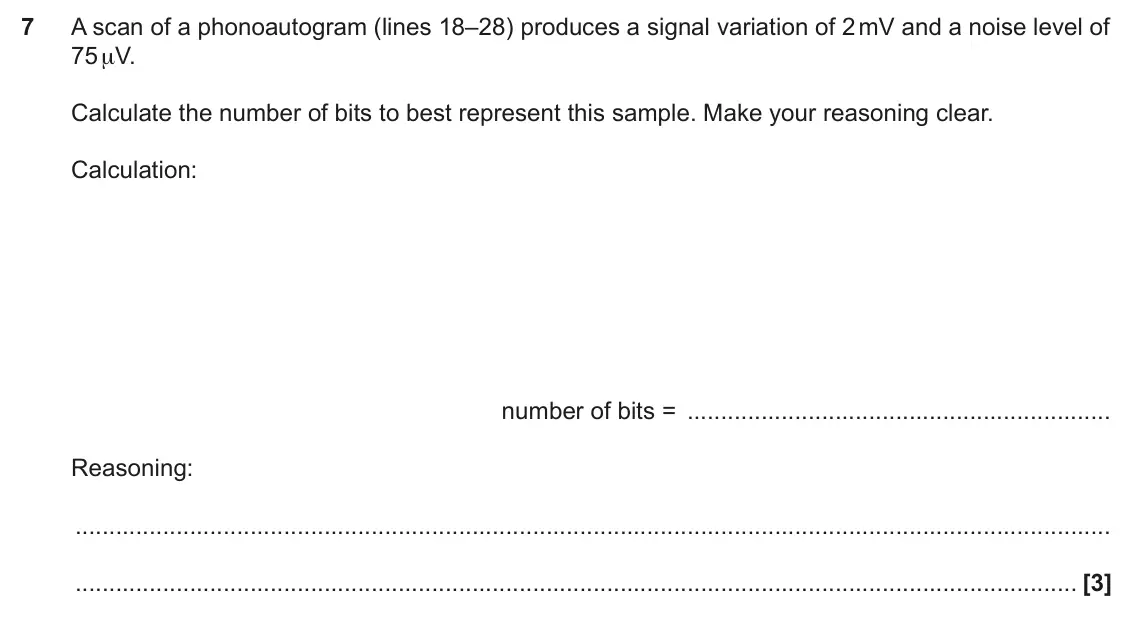 June 2025 Paper 2, question 7: A scan of a phonoautogram (lines 18–28) produces a signal variation of 2 mV and a noise level of 75 μV. Calculate the number of bits to best represent this samp