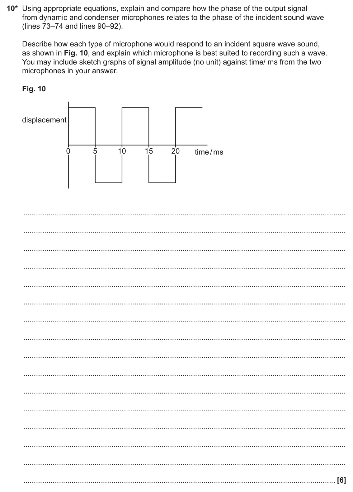 June 2025 Paper 2, question 10: 10* Using appropriate equations, explain and compare how the phase of the output signal from dynamic and condenser microphones relates to the phase of the incid