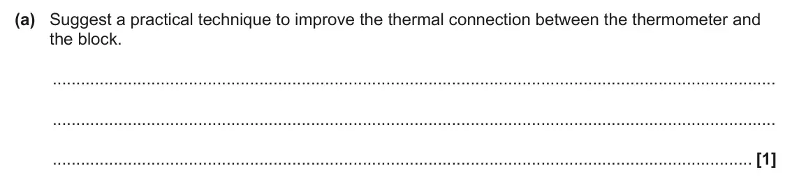 June 2024 Paper 3, question 1(a): Suggest a practical technique to improve the thermal connection between the thermometer and the block. [1]