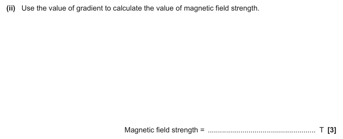 June 2025 Paper 3, question 2(c)(ii): Use the value of gradient to calculate the value of magnetic field strength. Magnetic field strength = T [3]