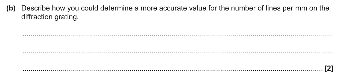 June 2025 Paper 3, question 3(b): Describe how you could determine a more accurate value for the number of lines per mm on the diffraction grating. [2]
