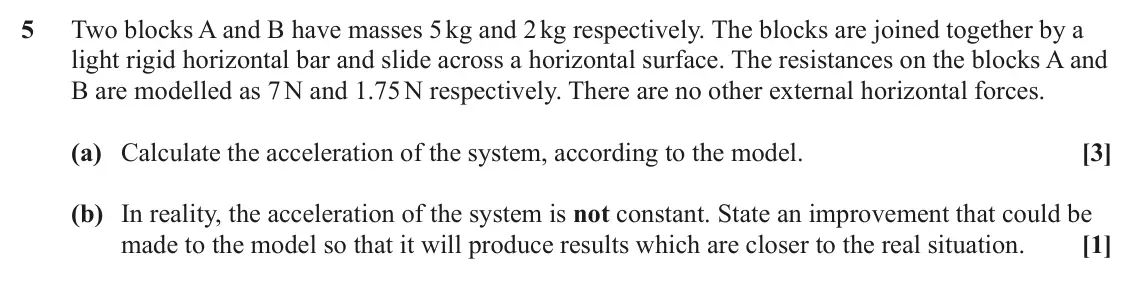 June 2025 AS Paper 1, question 5: Two blocks A and B have masses 5 kg and 2 kg respectively. The blocks are joined together by a light rigid horizontal bar and slide across a horizontal surface.