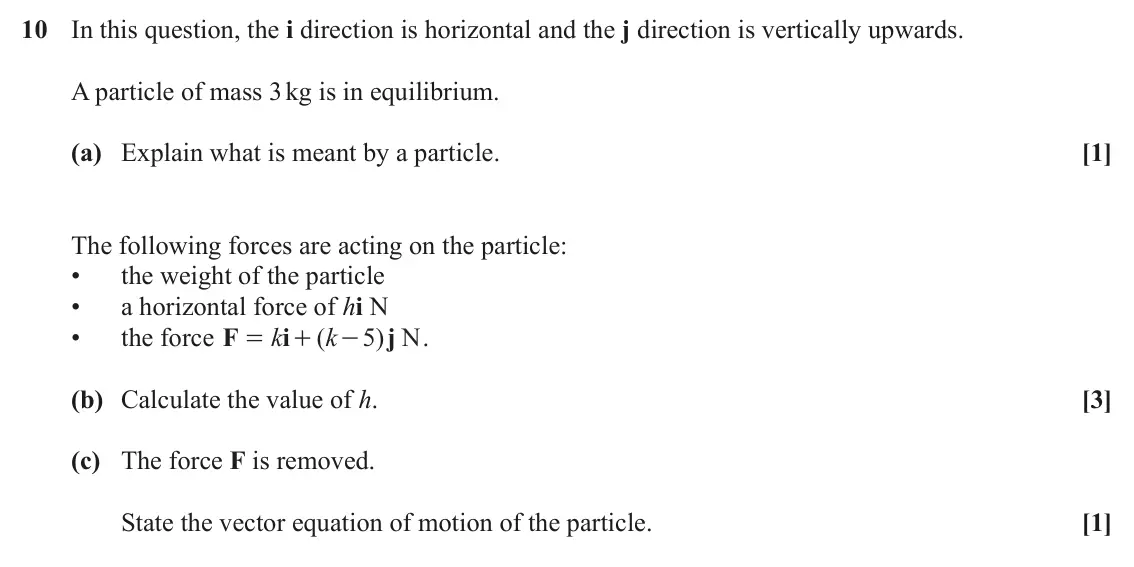 June 2025 AS Paper 1, question 10: In this question, the i direction is horizontal and the j direction is vertically upwards. A particle of mass 3 kg is in equilibrium. (a) Explain what is meant 