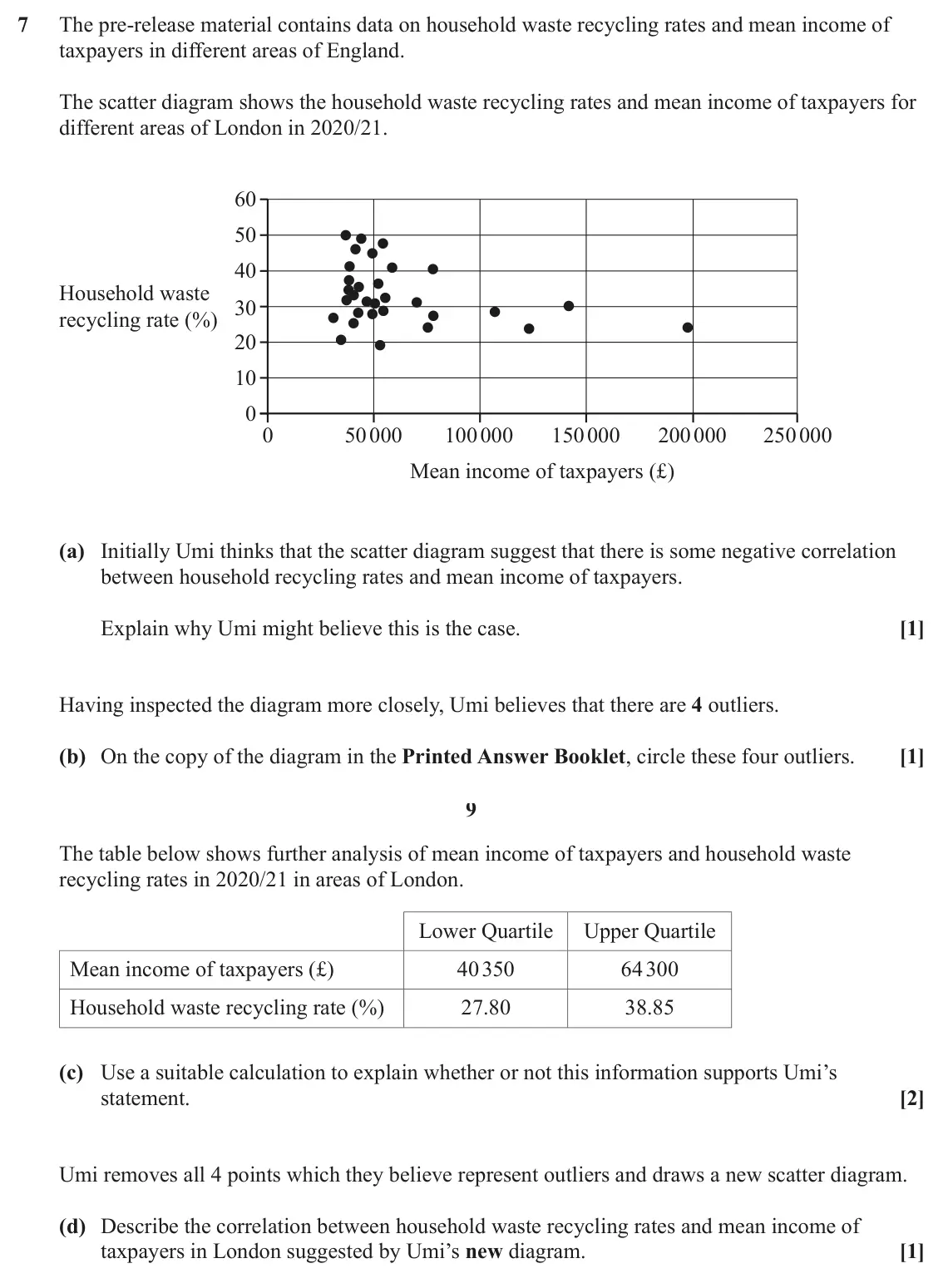 June 2025 AS Paper 2, question 7: The pre-release material contains data on household waste recycling rates and mean income of taxpayers in different areas of England. The scatter diagram shows