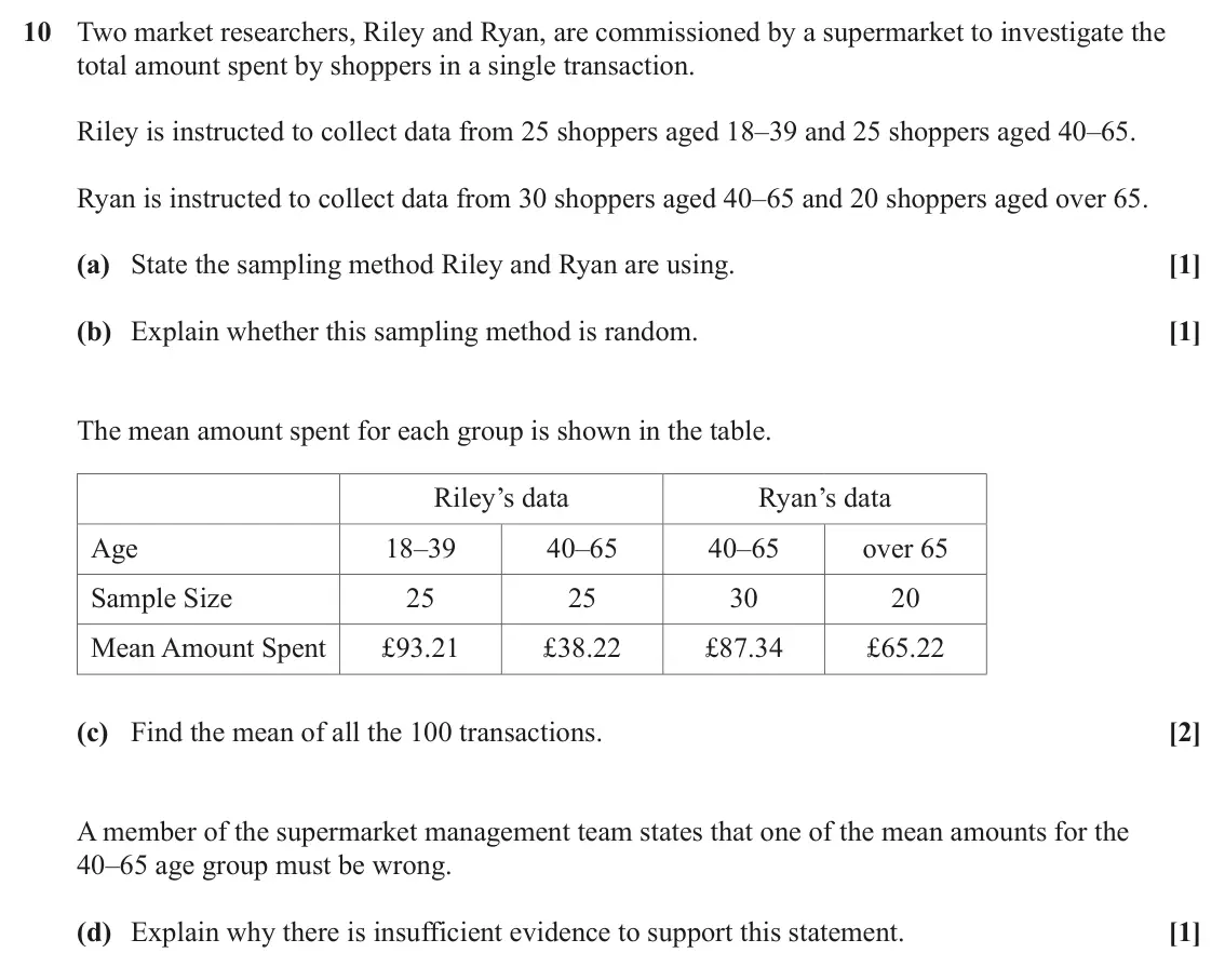 June 2025 AS Paper 2, question 10: Two market researchers, Riley and Ryan, are commissioned by a supermarket to investigate the total amount spent by shoppers in a single transaction. Riley is in