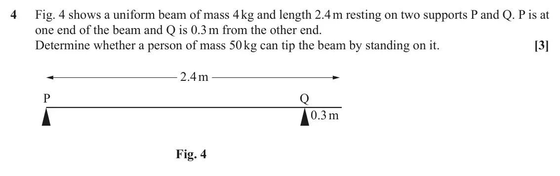 June 2019 Paper 1, question 4: Fig. 4 shows a uniform beam of mass 4 kg and length 2.4 m resting on two supports P and Q. P is at one end of the beam and Q is 0.3 m from the other end. Determ