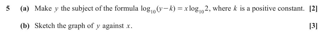 June 2024 Paper 1, question 5: (a) Make y the subject of the formula log ( y k ) x log 2 , where k is a positive constant. [2] - = 10 10 (b) Sketch the graph of y against x. [3]