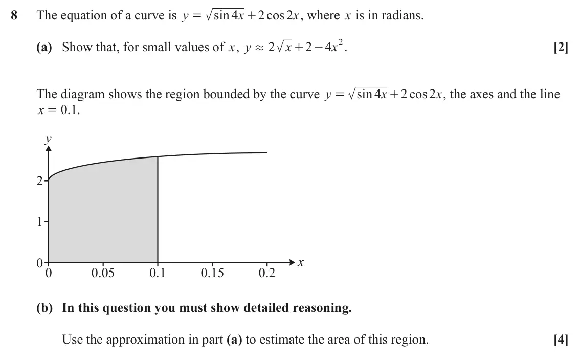 June 2024 Paper 1, question 8: The equation of a curve is y sin 4 x 2 cos 2 x , where x is in radians. = + 4 2 (a) Show that, for small values of x, y 2 x 2 x . [2] . + - The diagram shows th