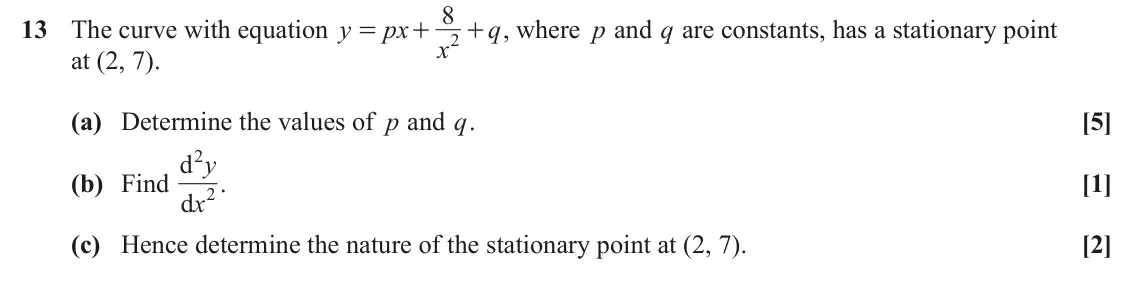 June 2024 Paper 1, question 13: 13 The curve with equation y px + , where p and q are constants, has a stationary point q = + 2 x at (2, 7). (a) Determine the values of p and q. [5] 2 d y (b) 