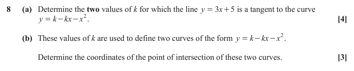 June 2025 Paper 1, question 8: (a) Determine the two values of k for which the line y x 3 + is a tangent to the curve 5 = x2 y k kx [4] . = - - x2 (b) These values of k are used to define two