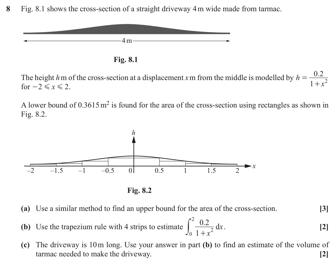 November 2020 Paper 1, question 8: Fig. 8.1 shows the cross-section of a straight driveway 4 m wide made from tarmac. 4m Fig. 8.1 0 2 . The height h m of the cross-section at a displacement x m f
