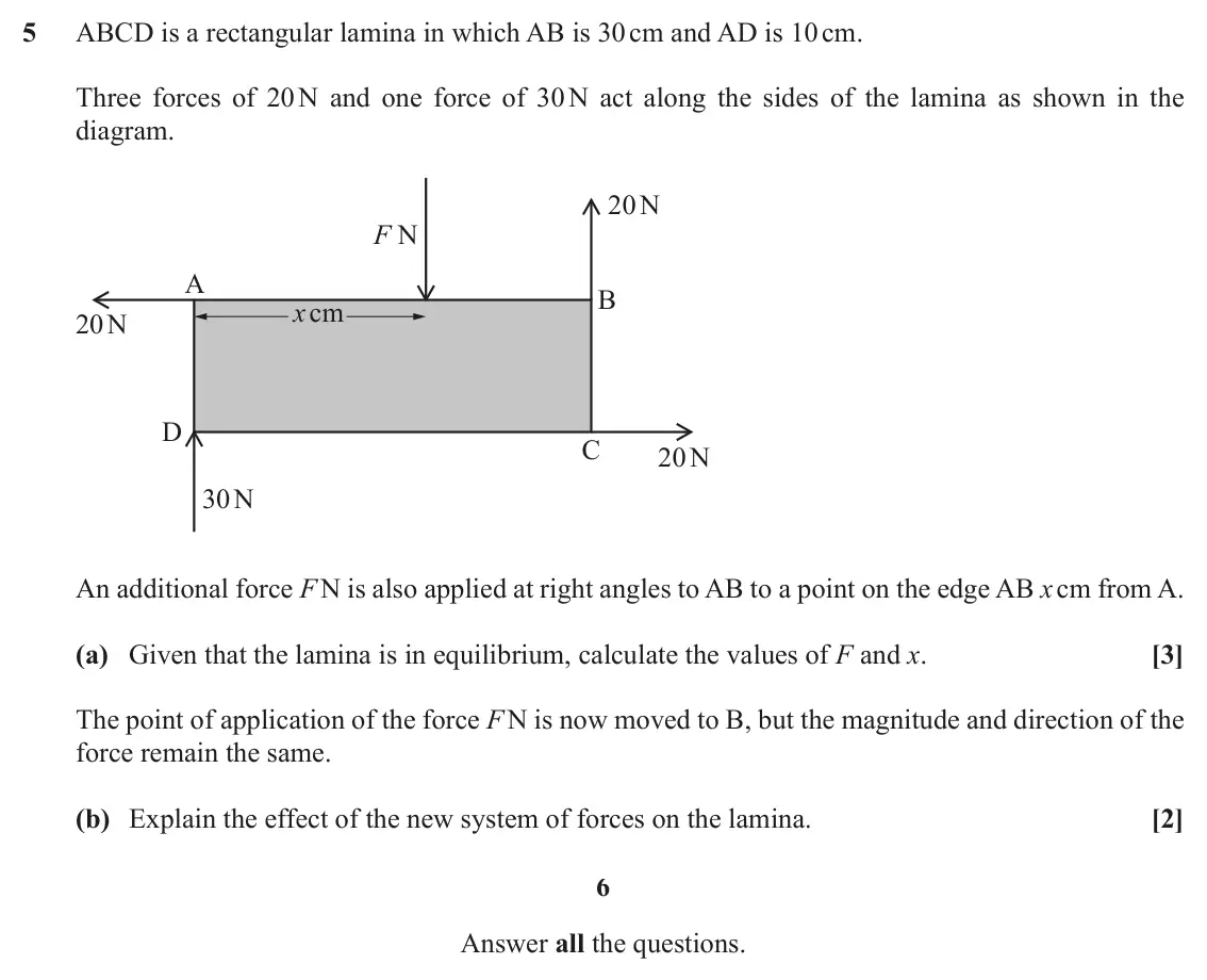 November 2021 Paper 1, question 5: ABCD is a rectangular lamina in which AB is 30 cm and AD is 10 cm. Three forces of 20 N and one force of 30 N act along the sides of the lamina as shown in the