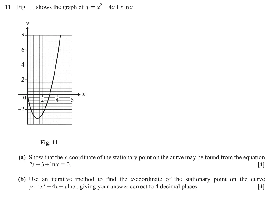 June 2019 Paper 2, question 11: 11 Fig. 11 shows the graph of y x 4 x x ln x . = - + y 8 6 4 2 x 0 2 4 6 –2 Fig. 11 (a) Show that the x-coordinate of the stationary point on the curve may be f