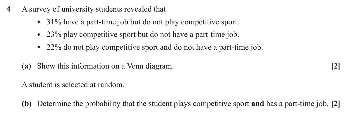 June 2022 Paper 2, question 4: A survey of university students revealed that • 31% have a part-time job but do not play competitive sport. • 23% play competitive sport but do not have a part-