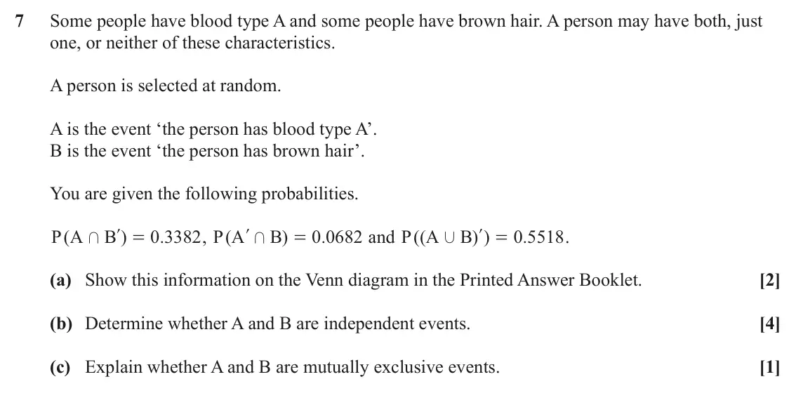 June 2025 Paper 2, question 7: Some people have blood type A and some people have brown hair. A person may have both, just one, or neither of these characteristics. A person is selected at ra