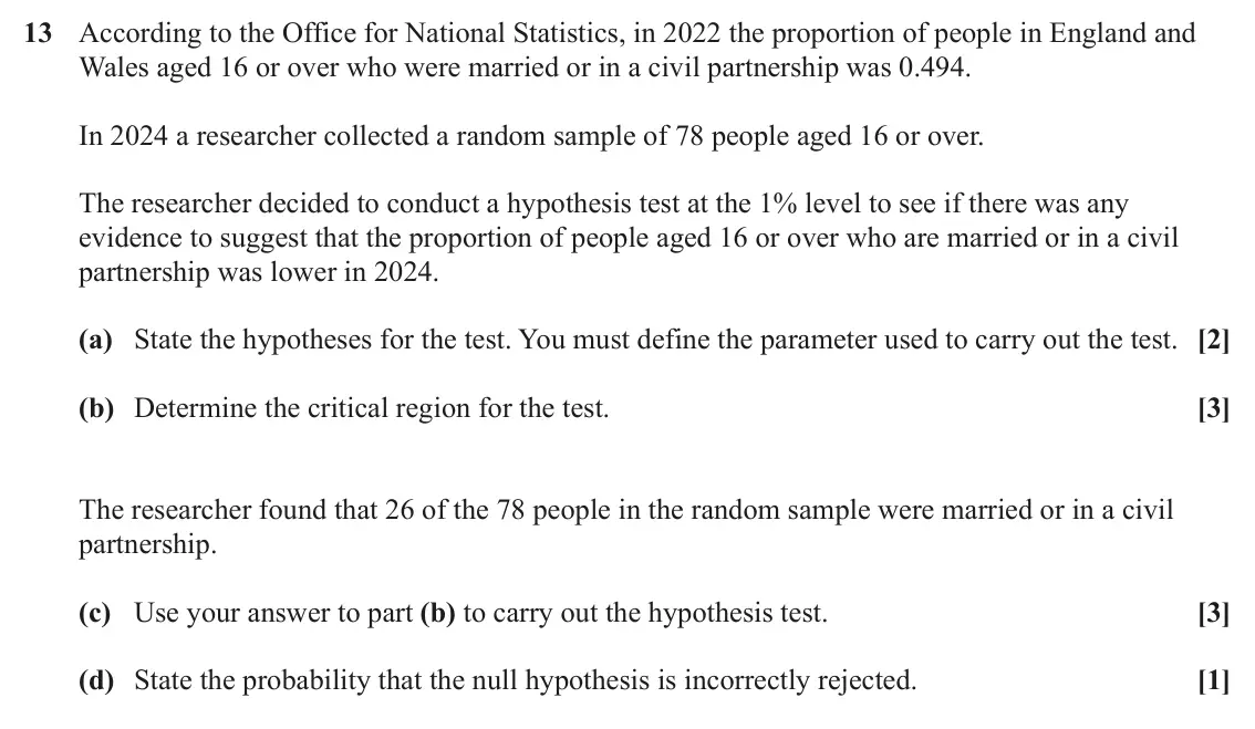 June 2025 Paper 2, question 13: According to the Office for National Statistics, in 2022 the proportion of people in England and Wales aged 16 or over who were married or in a civil partnershi