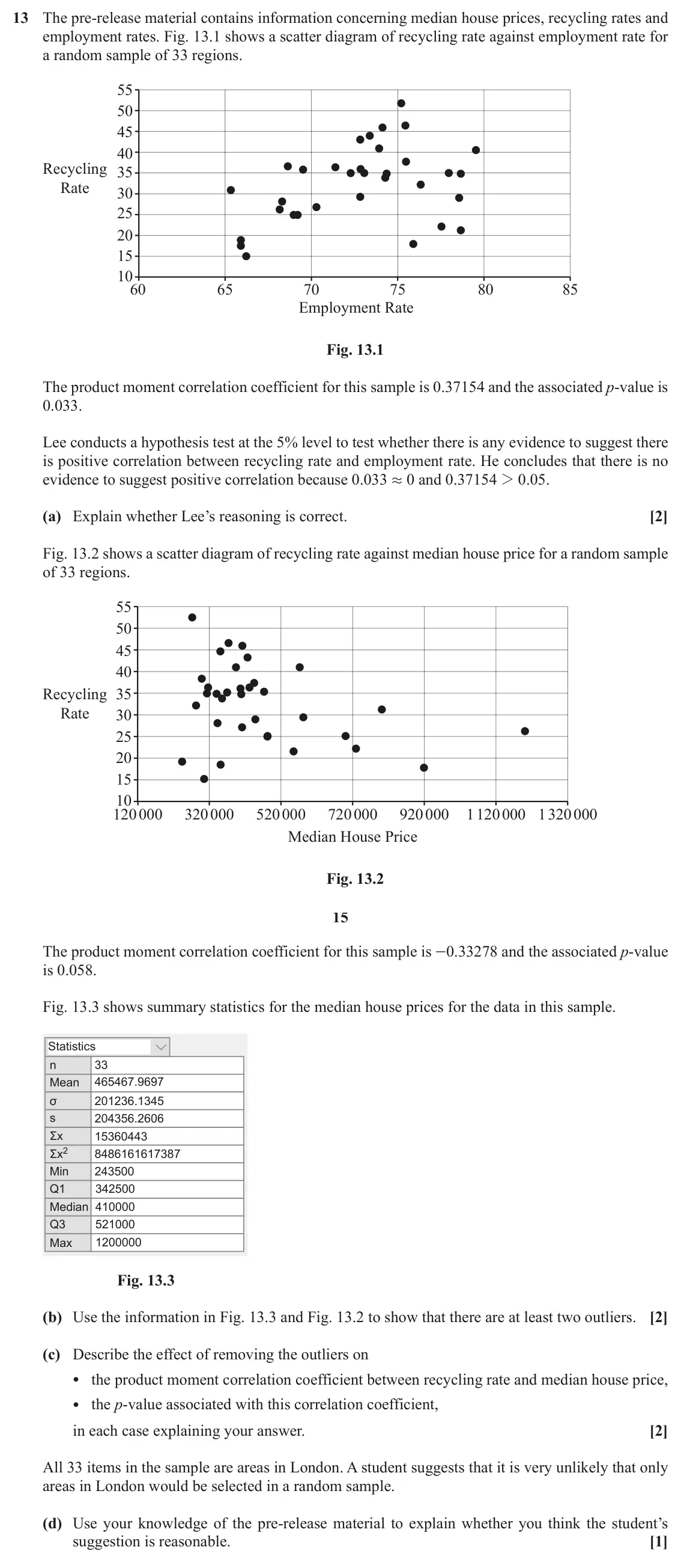 November 2020 Paper 2, question 13: The pre-release material contains information concerning median house prices, recycling rates and employment rates. Fig. 13.1 shows a scatter diagram of recycli
