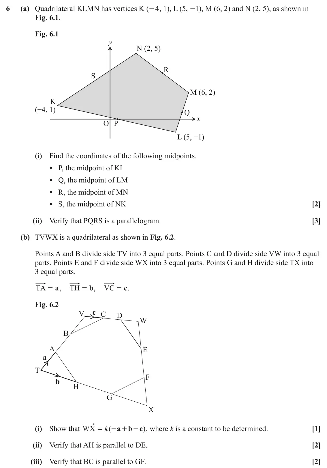 June 2023 Paper 3, question 6: (a) Quadrilateral KLMN has vertices K ( - , 1), L (5, 1 4 - ), M (6, 2) and N (2, 5), as shown in Fig. 6.1. Fig. 6.1 y N (2, 5) R S M (6, 2) K (−4, 1) Q x O P L