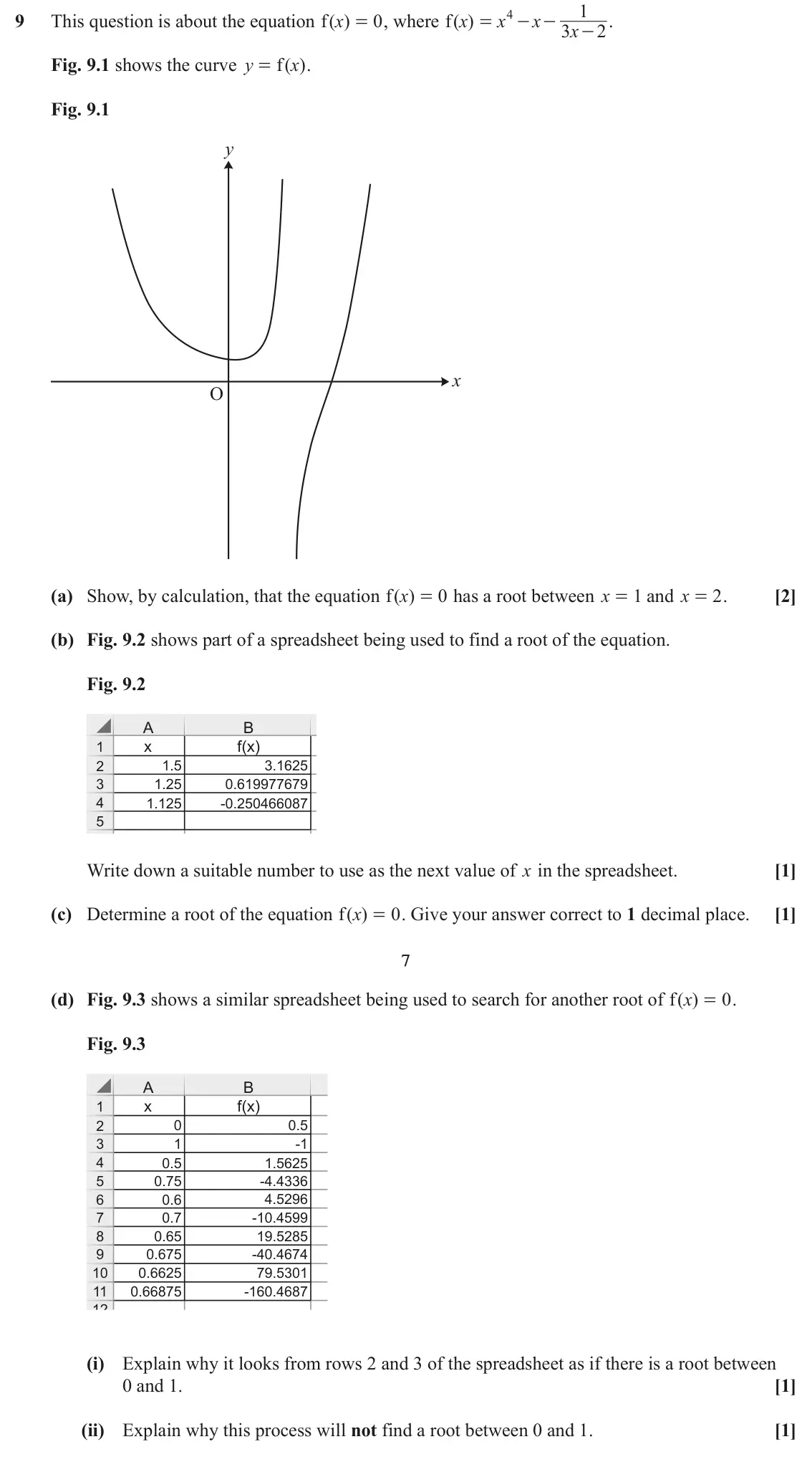 June 2024 Paper 3, question 9: 4 9 This question is about the equation ( )x f 0 , where ( )x f x x - . = = - - 3 x 2 Fig. 9.1 shows the curve y f ( ) x . = Fig. 9.1 y x O (a) Show, by calcula