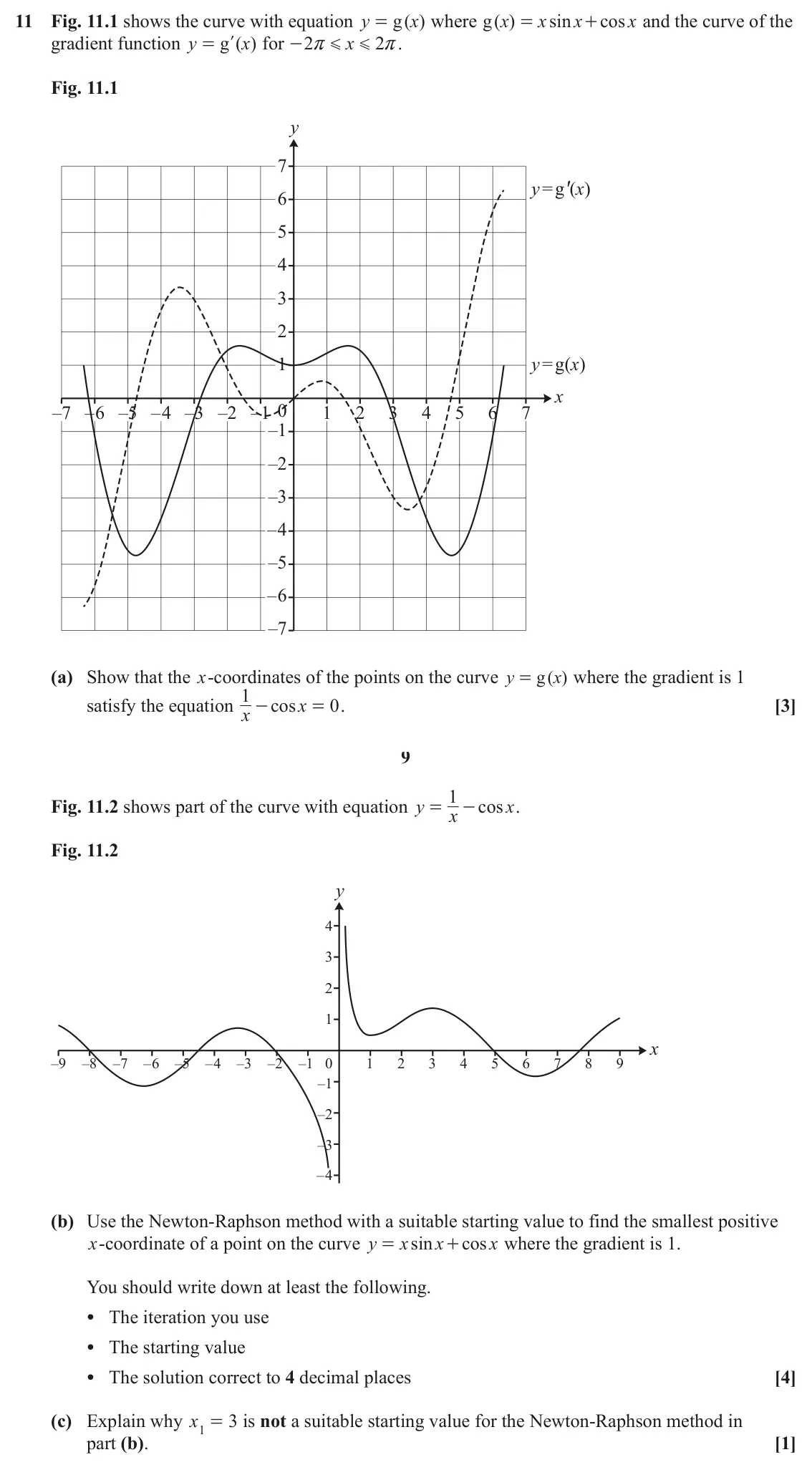 June 2024 Paper 3, question 11: Fig. 11.1 shows the curve with equation y g ( ) x where ( ) g x x sin x cos x and the curve of the = = + gradient function y g ( ) x for 2 x 2 . = l - r r G G F